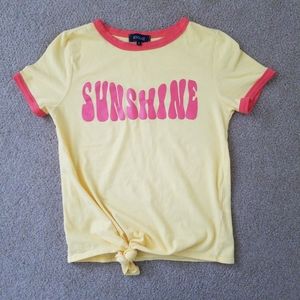 Womens Yellow T-Shirt Roolee Tie Front Ringer Tee